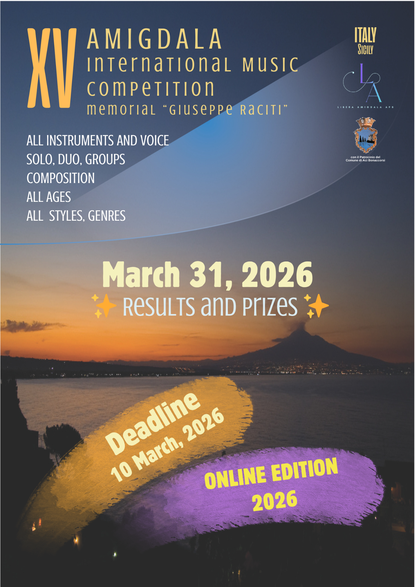 Amigdala International Music Competition – Edizione Online, di carattere internazionale, è aperta a musicisti di tutte le fasce d'età e prevede la partecipazione mediante l'invio di materiali video, valutati da una giuria qualificata.