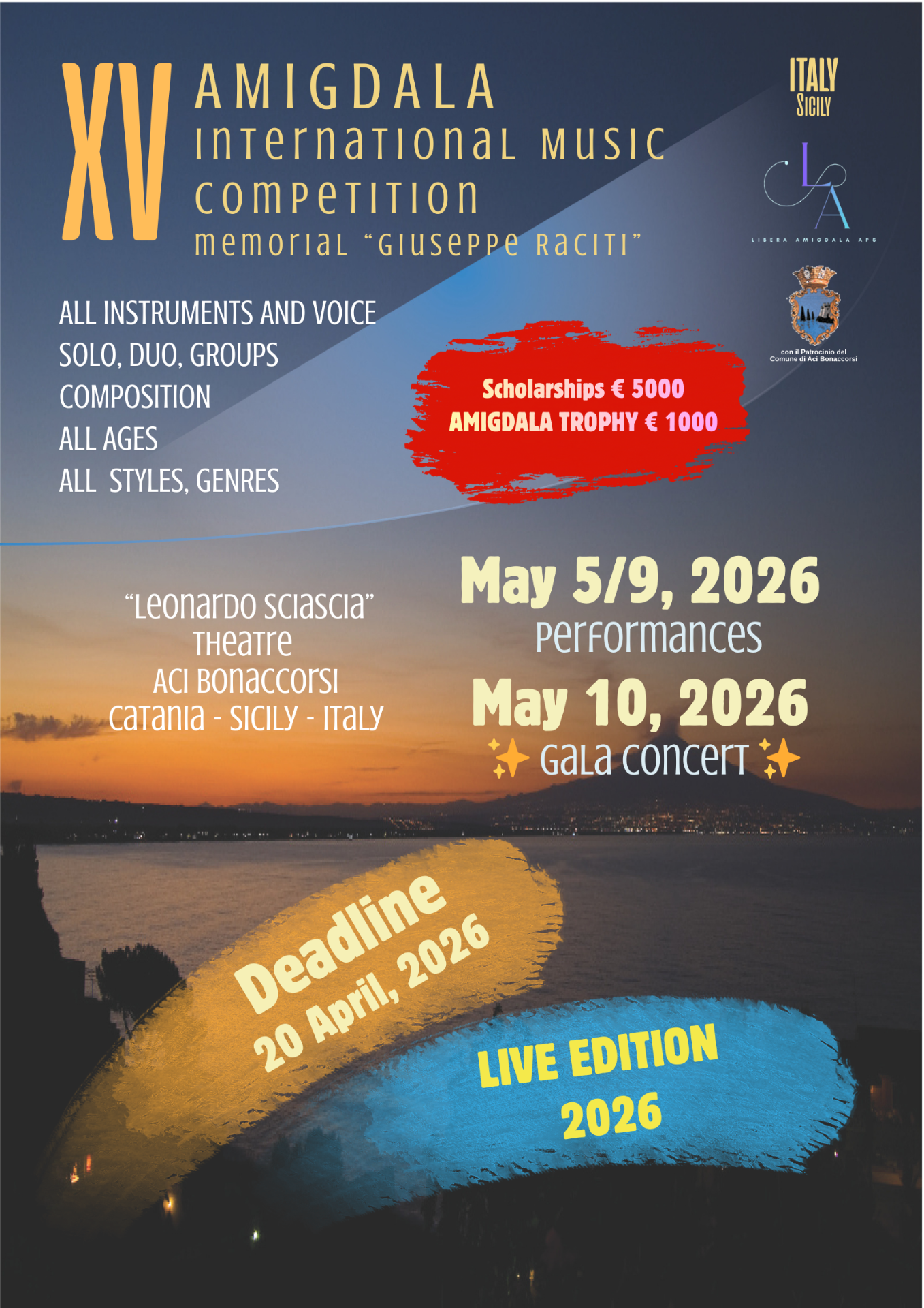 Amigdala International Music Competition – Edizione Live, di carattere internazionale, è rivolta a musicisti di tutte le età e si svolge in presenza, con esecuzioni dal vivo davanti a una giuria qualificata