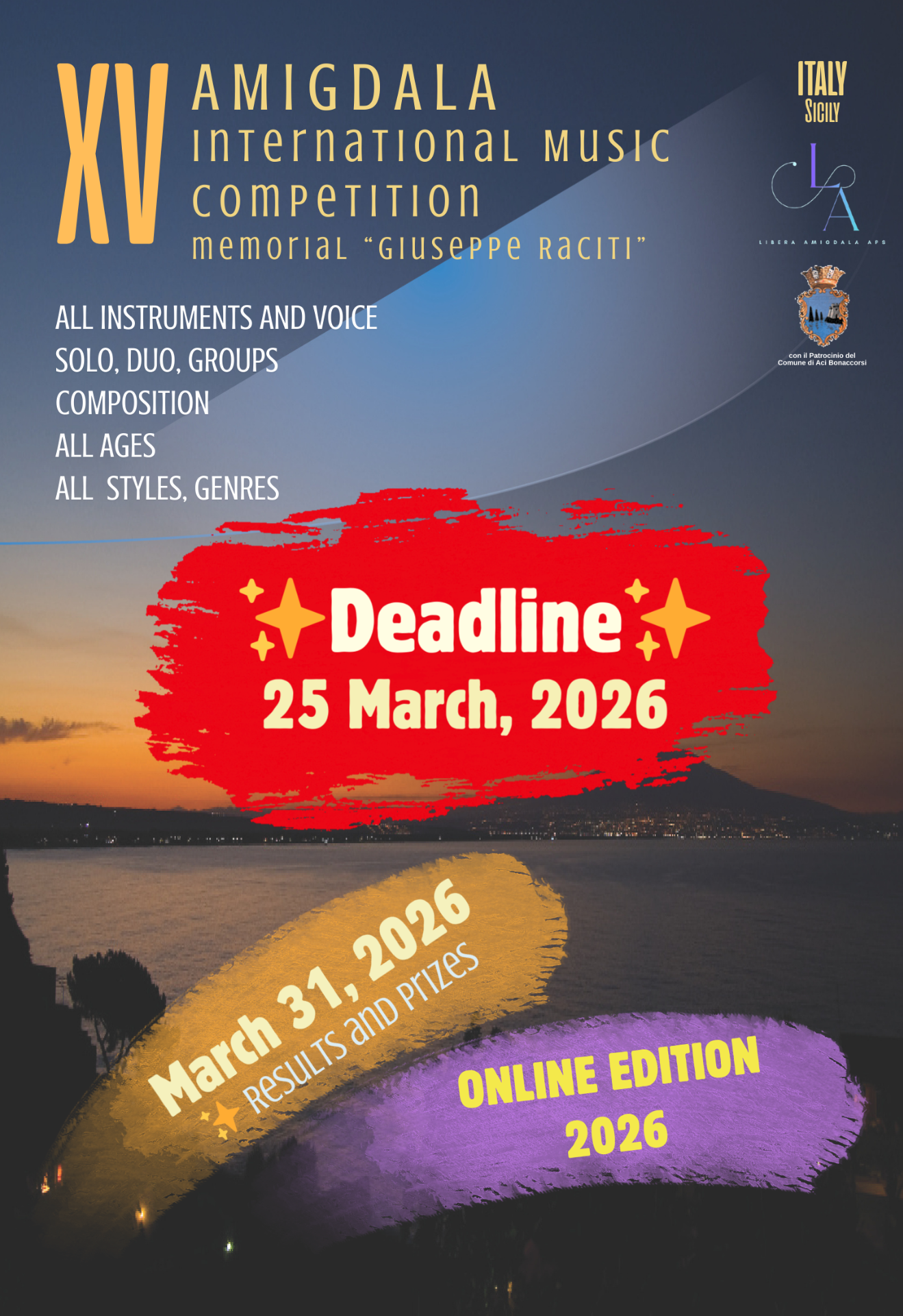 Amigdala International Music Competition – Edizione Online, di carattere internazionale, è aperta a musicisti di tutte le fasce d'età e prevede la partecipazione mediante l'invio di materiali video, valutati da una giuria qualificata.